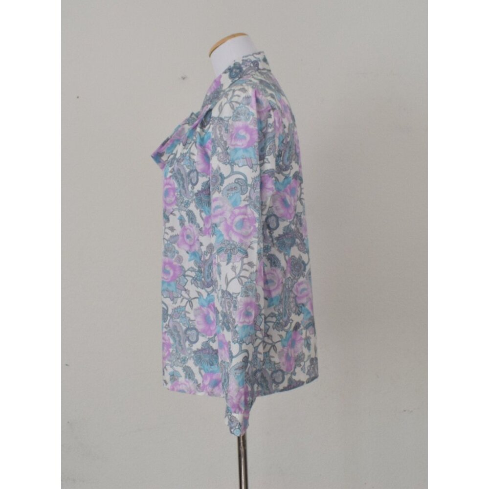 Vintage 70s Floral‎ Paisley Pastel Secretary Blouse / Detachable Bow - Picture 2 of 10